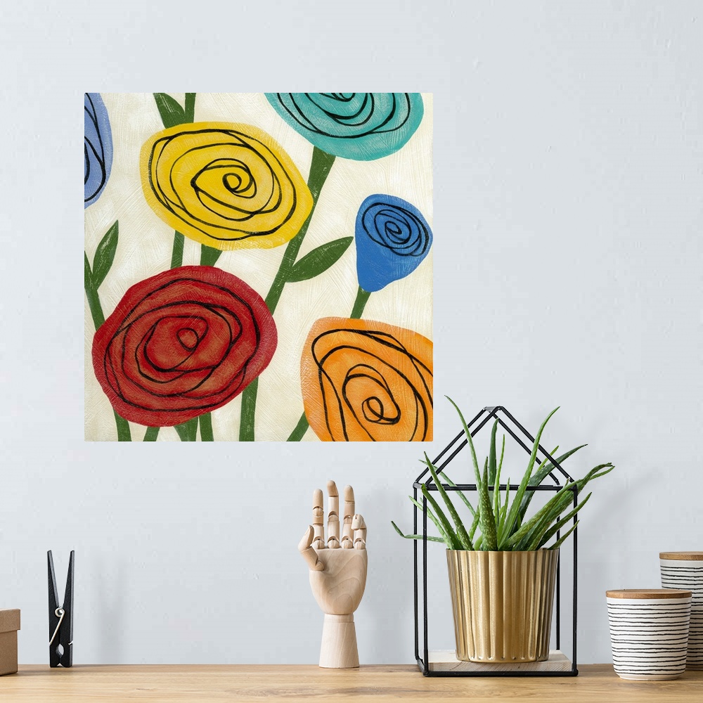 A bohemian room featuring Pop art inspired flowers with in wild colors and simple shapes.
