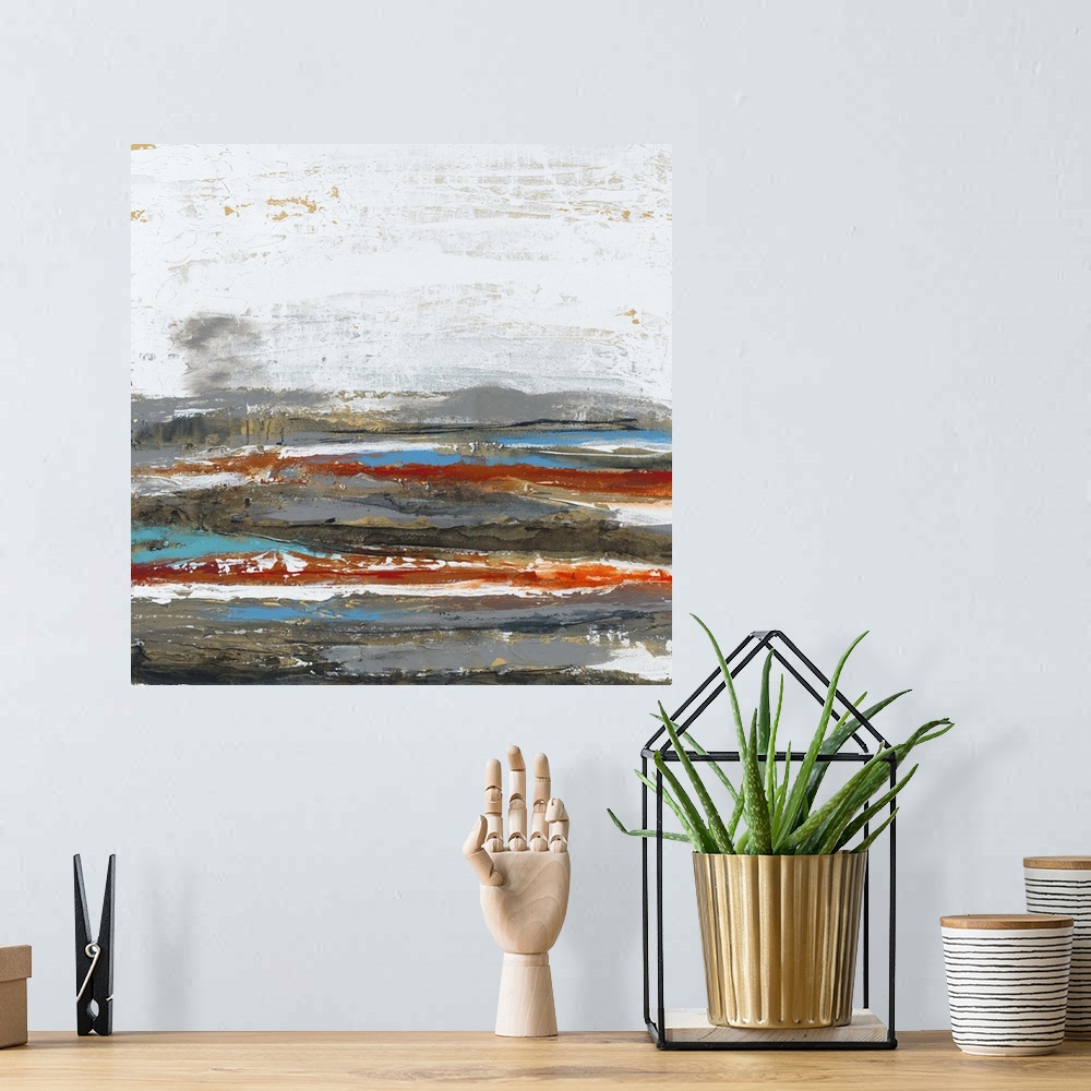 A bohemian room featuring Contemporary abstract painting using cool and warm tones to create horizontal lines.