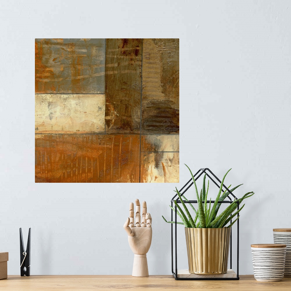 A bohemian room featuring Square, oversized artwork for a living room or office of side by side rectangles of varying sizes...