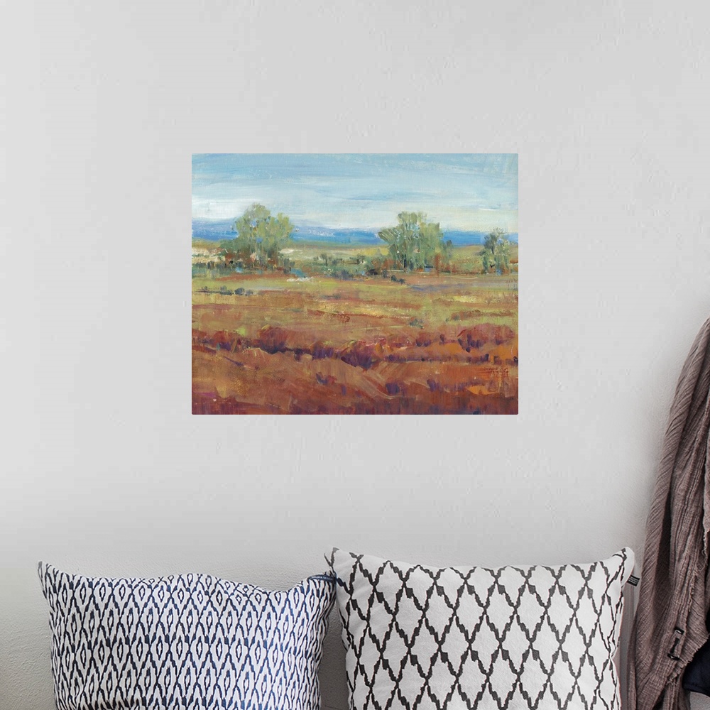 A bohemian room featuring Contemporary painting of a landscape featuring a field of red clay in the foreground with a line ...