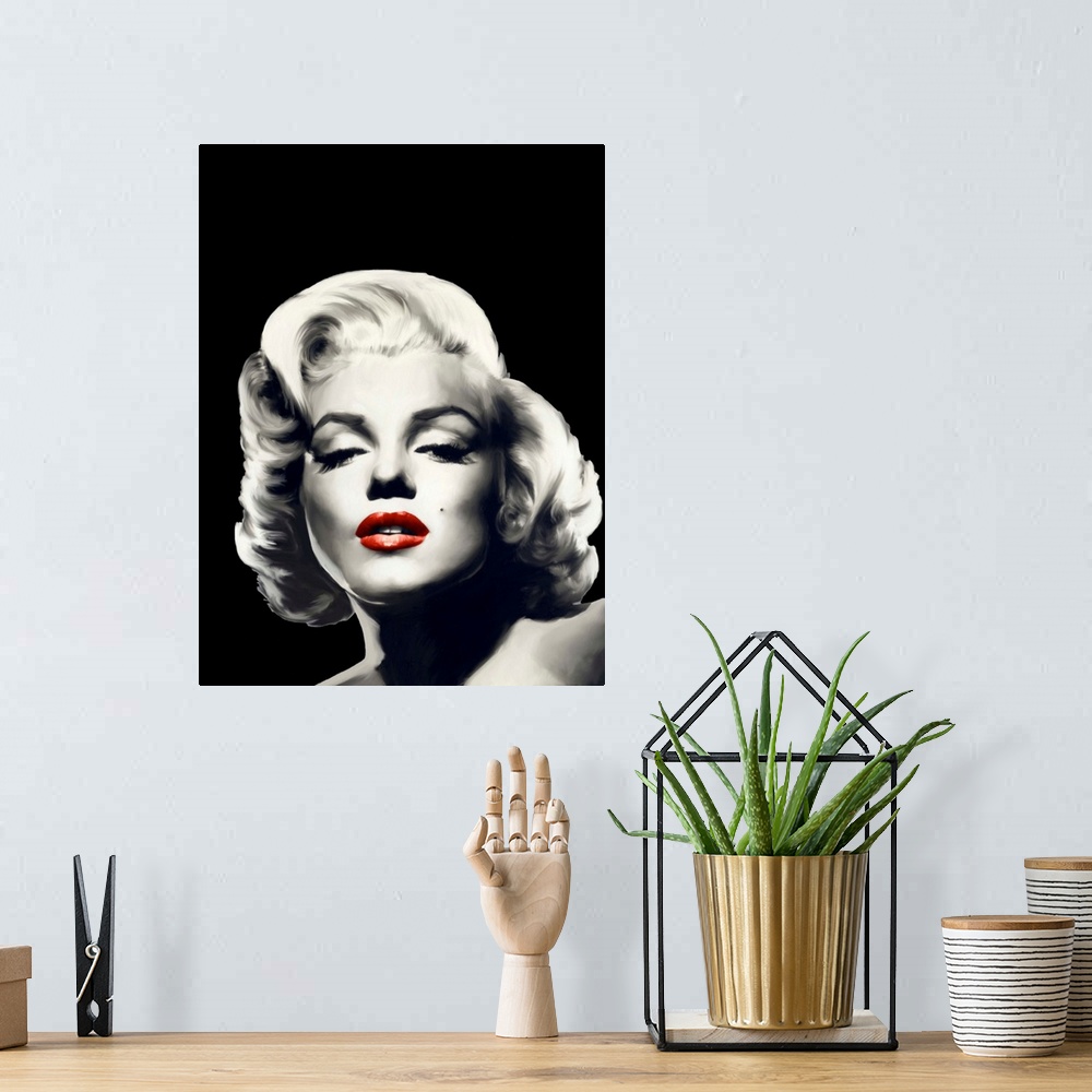 A bohemian room featuring Black and white image of Marilyn Monroe with tinted red lips.