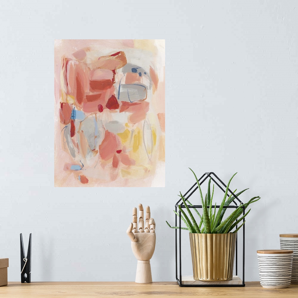 A bohemian room featuring Contemporary abstract art using soft pale colors mixing together to create depth.