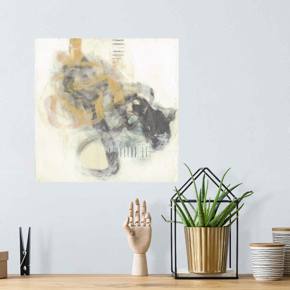 A bohemian room featuring Twisting brush strokes in yellow and gray dance with each other and is accompanied with hash mark...