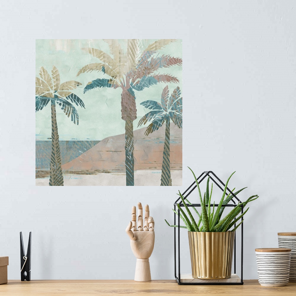 A bohemian room featuring Pastel palm trees painting.