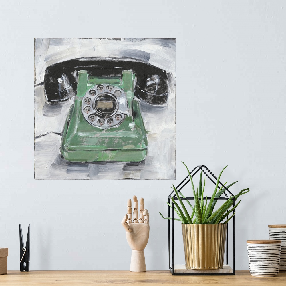A bohemian room featuring Fun contemporary painting of a retro rotary phone on a neutral background.