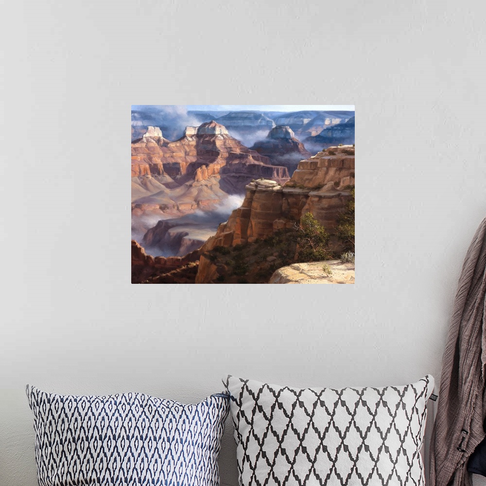 A bohemian room featuring Contemporary artwork of lively brush strokes that create a serene rock canyon landscape.