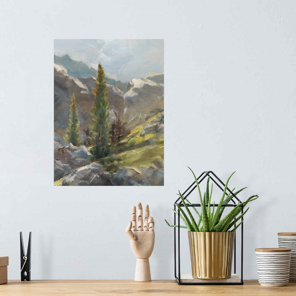 A bohemian room featuring Contemporary painting of a rocky mountainous scene.