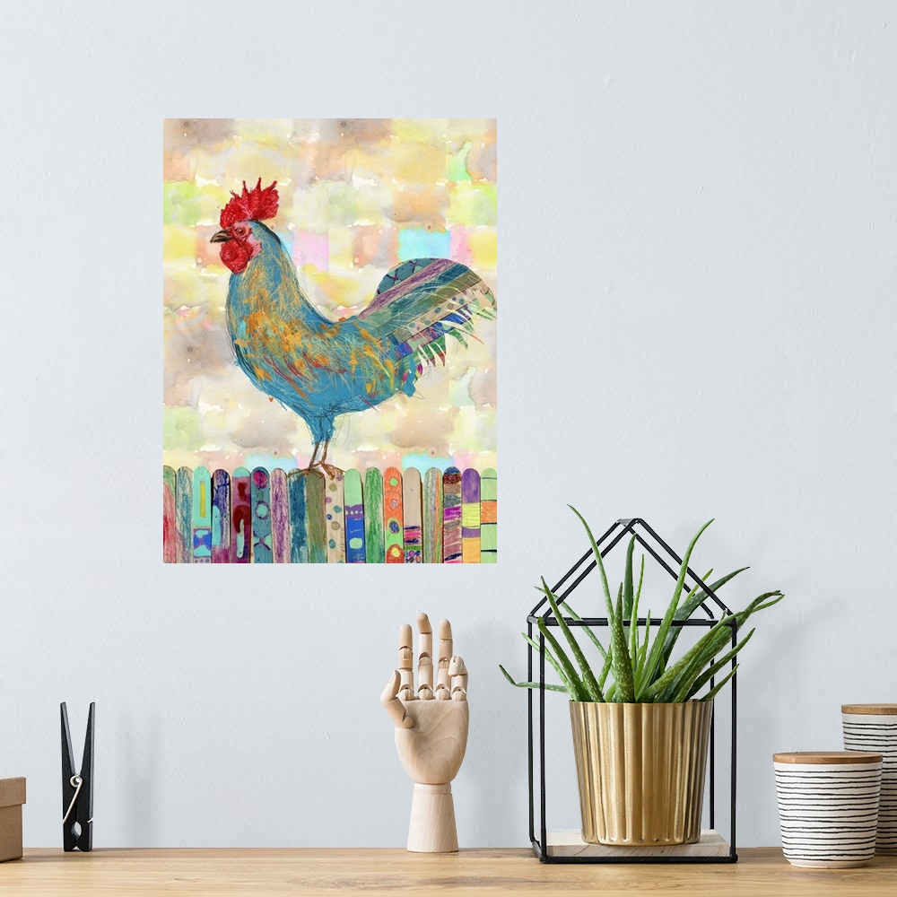 A bohemian room featuring Rooster on a Fence II