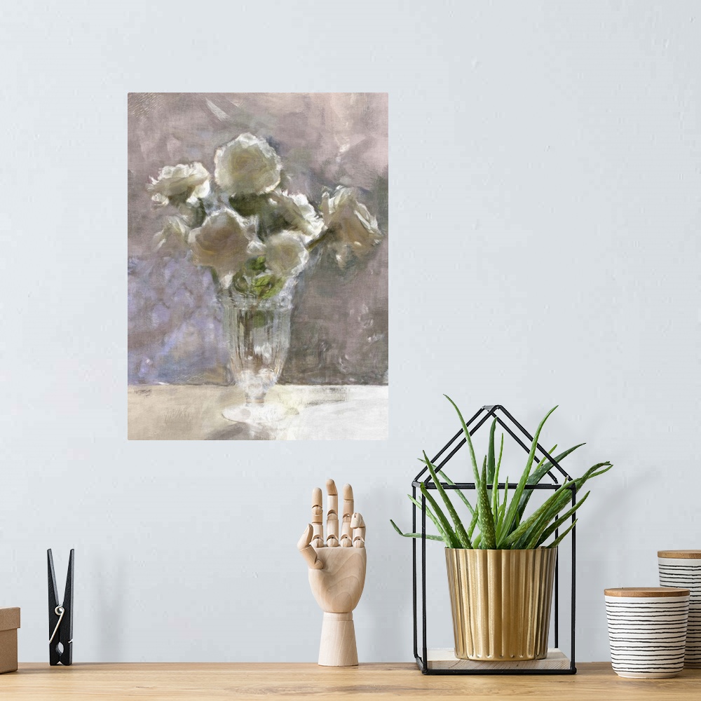 A bohemian room featuring Contemporary painting of a little glass vase holding a small bouquet of white flowers.