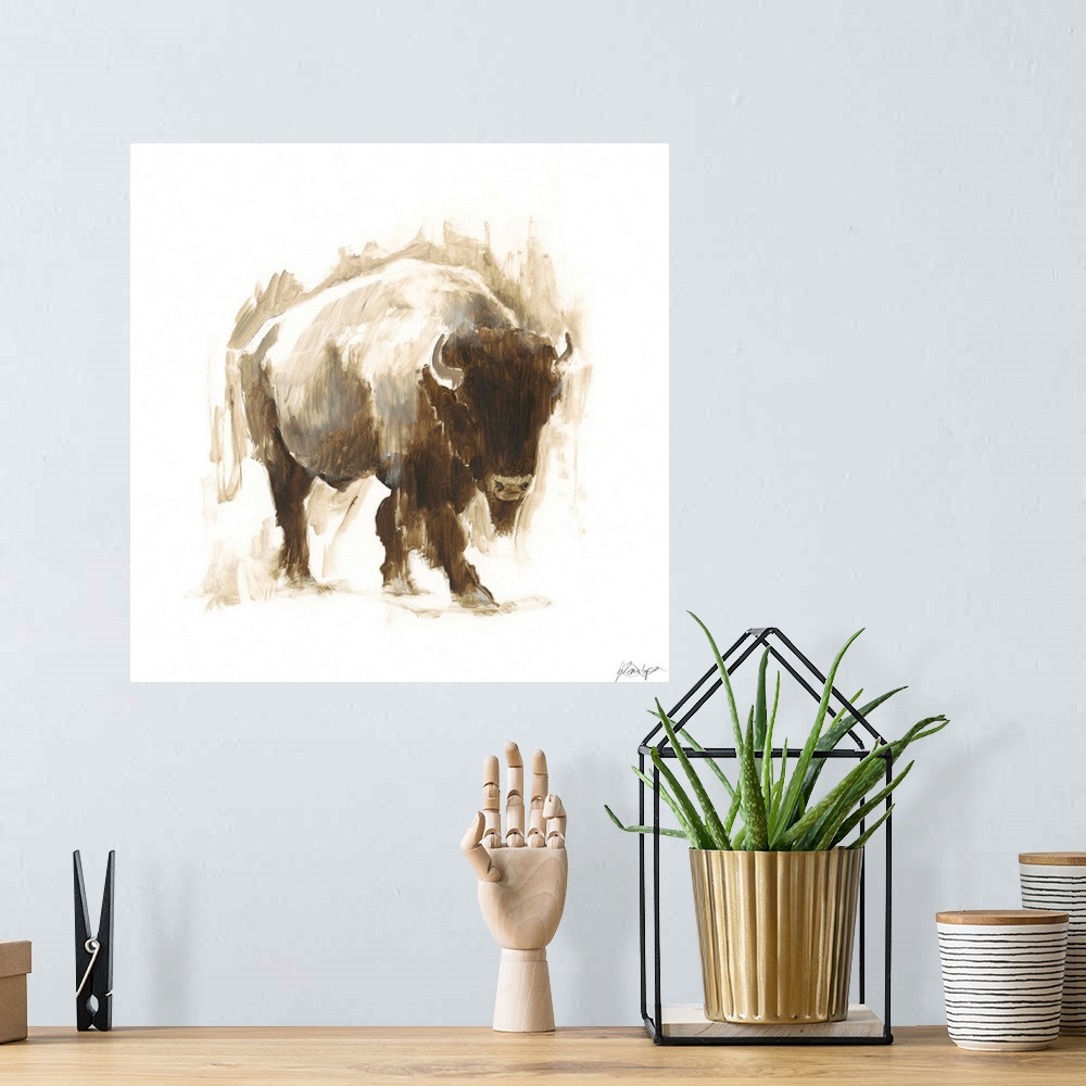 A bohemian room featuring Contemporary portrait of a buffalo in various brown hues.
