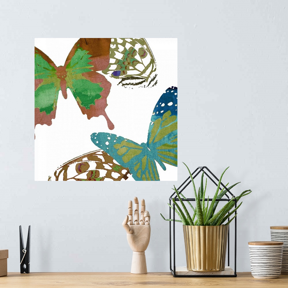 A bohemian room featuring Contemporary butterfly art using vibrant colors against a white background.