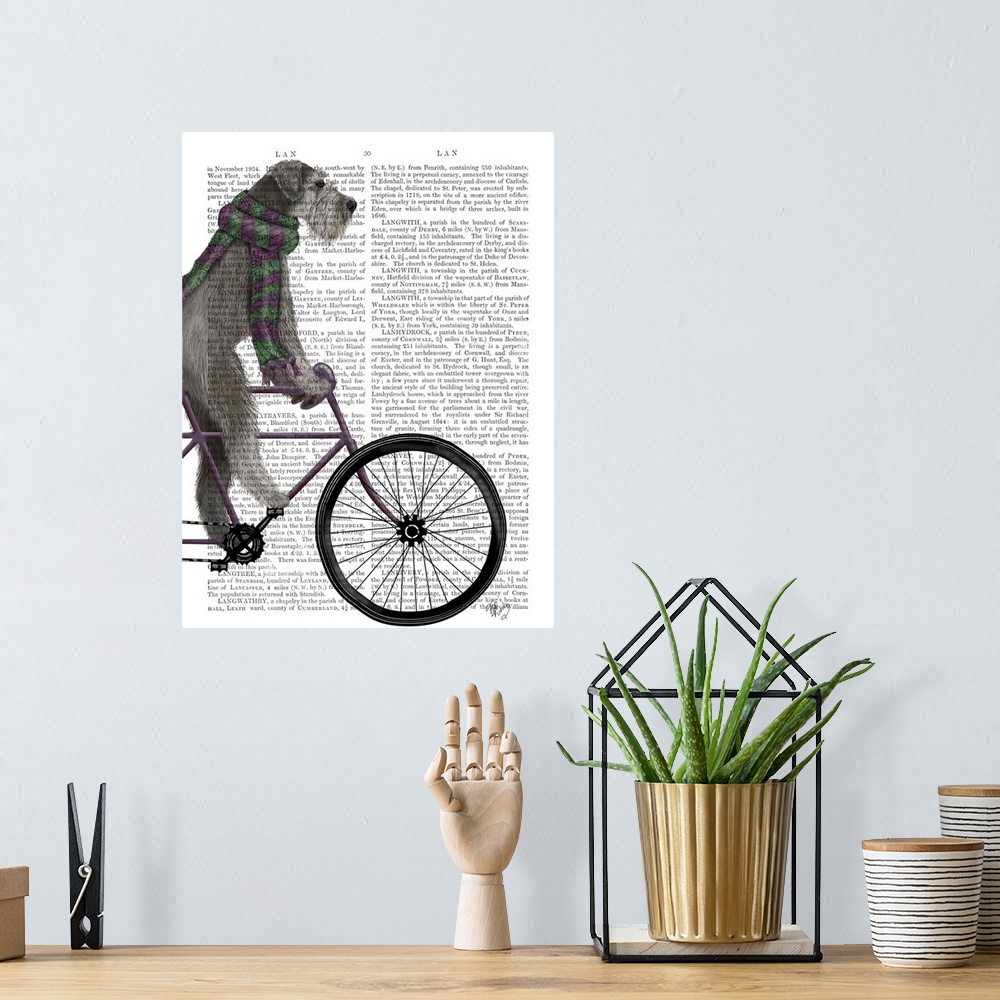 A bohemian room featuring Decorative artwork with a Schnauzer wearing a scarf and riding on a bicycle, painted on the page ...
