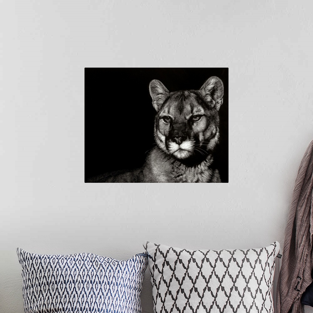 A bohemian room featuring Black and white illustration of a cougar with an intense stare.