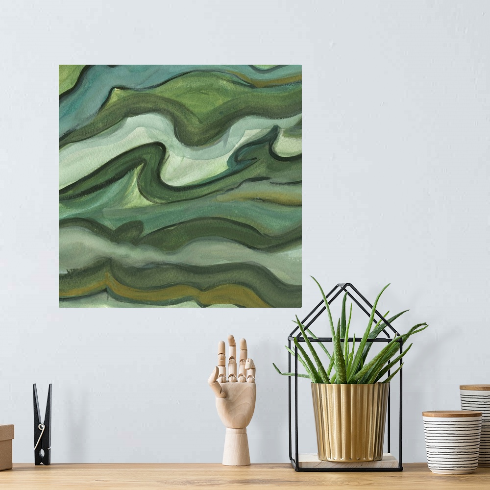 A bohemian room featuring Contemporary abstract painting using tones of green resembling a cross section of stone.