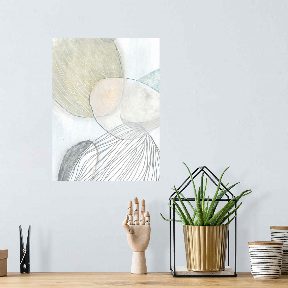 A bohemian room featuring Abstract artwork illustrating the texture of pebbles found at a beach.