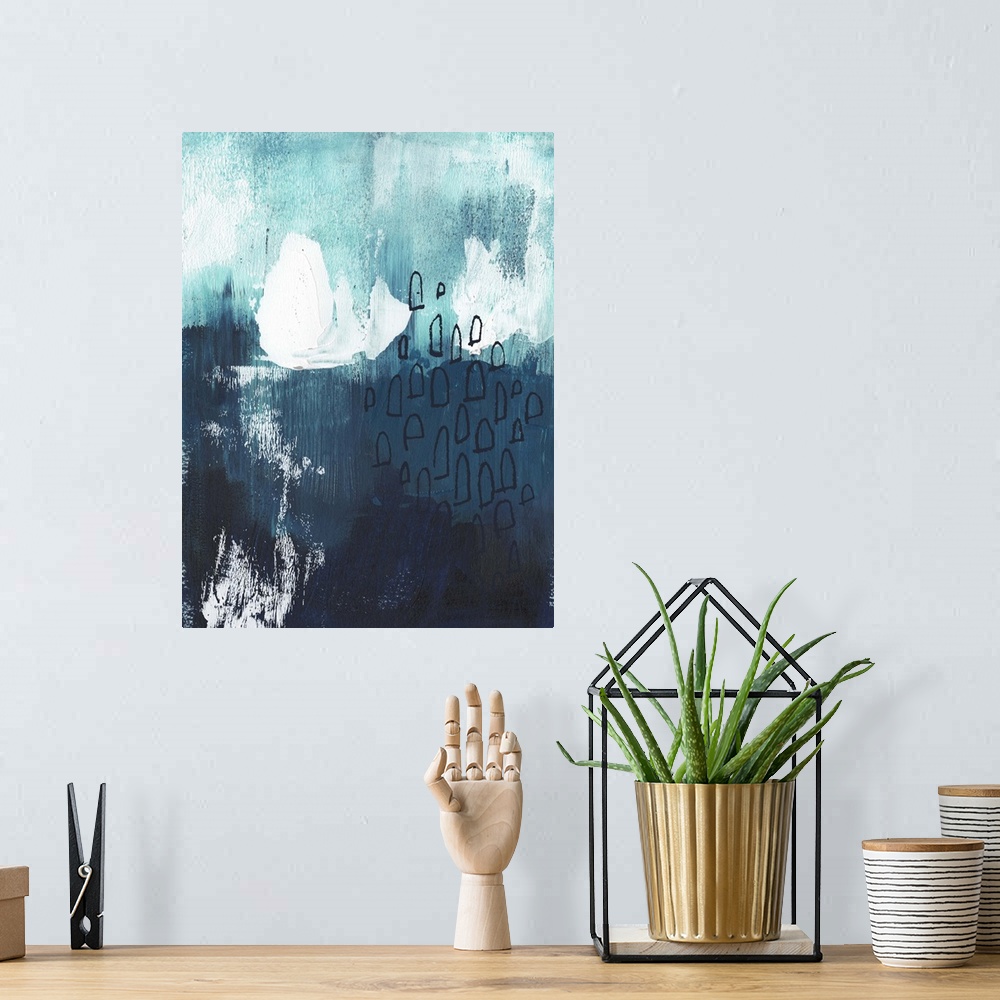 A bohemian room featuring This abstract artwork features window-like shapes over shades of blue with white brush strokes an...