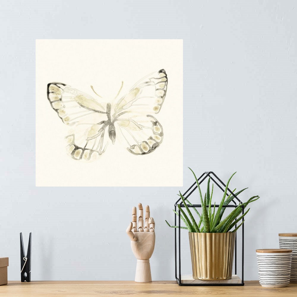 A bohemian room featuring Thin and diluted brushstrokes create the illusion of an x-ray of a butterfly in this contemporary...