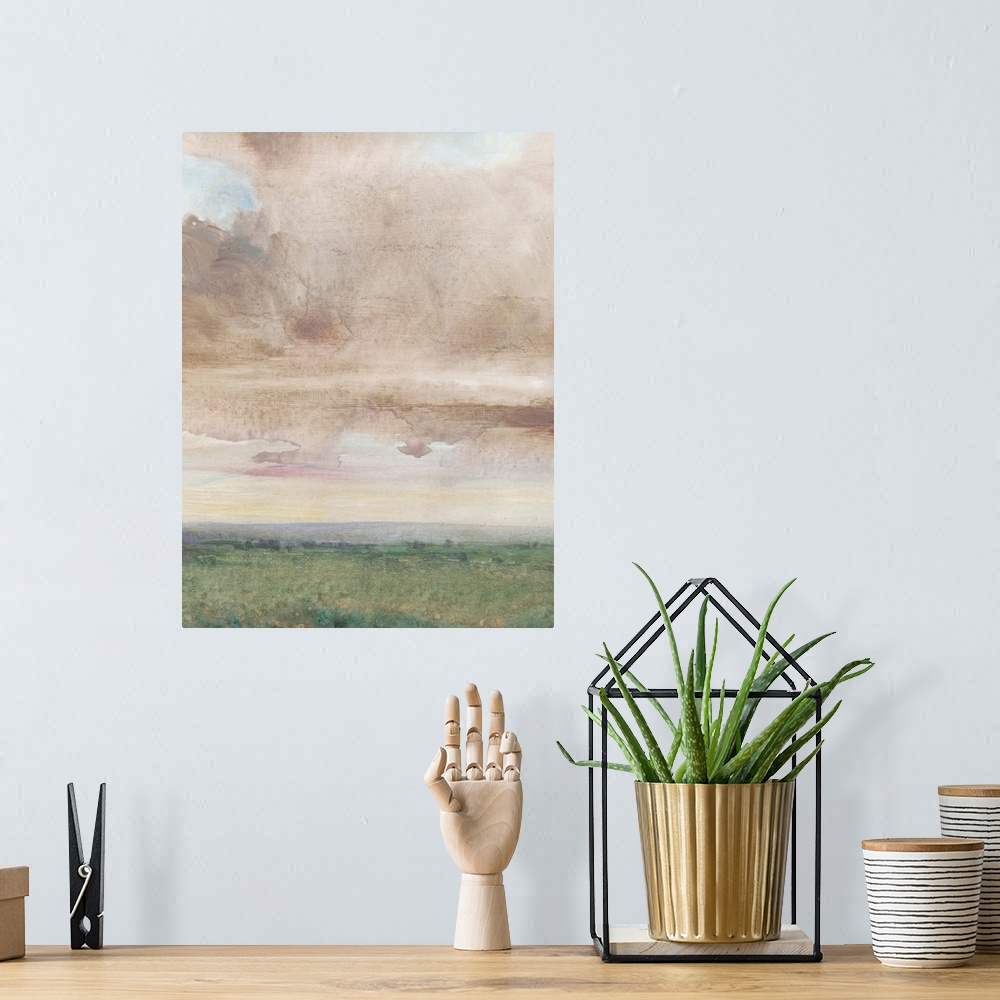 A bohemian room featuring Contemporary countryside landscape painting.
