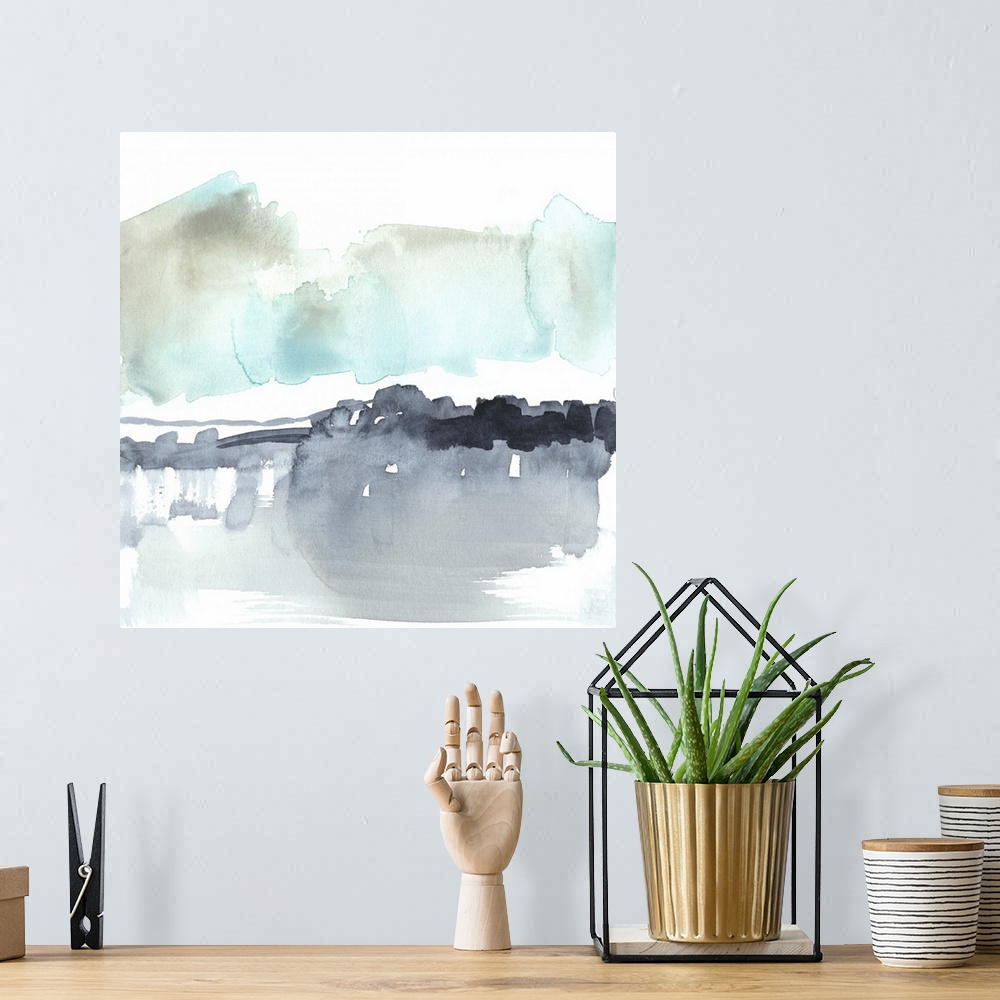 A bohemian room featuring Square watercolor painting of abstract landscape of snow against a white background.