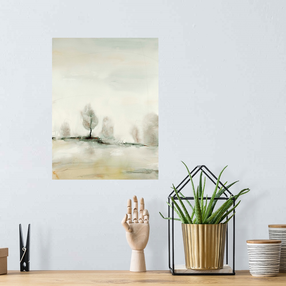 A bohemian room featuring Contemporary landscape art print in neutral colors, with trees on the horizon line.