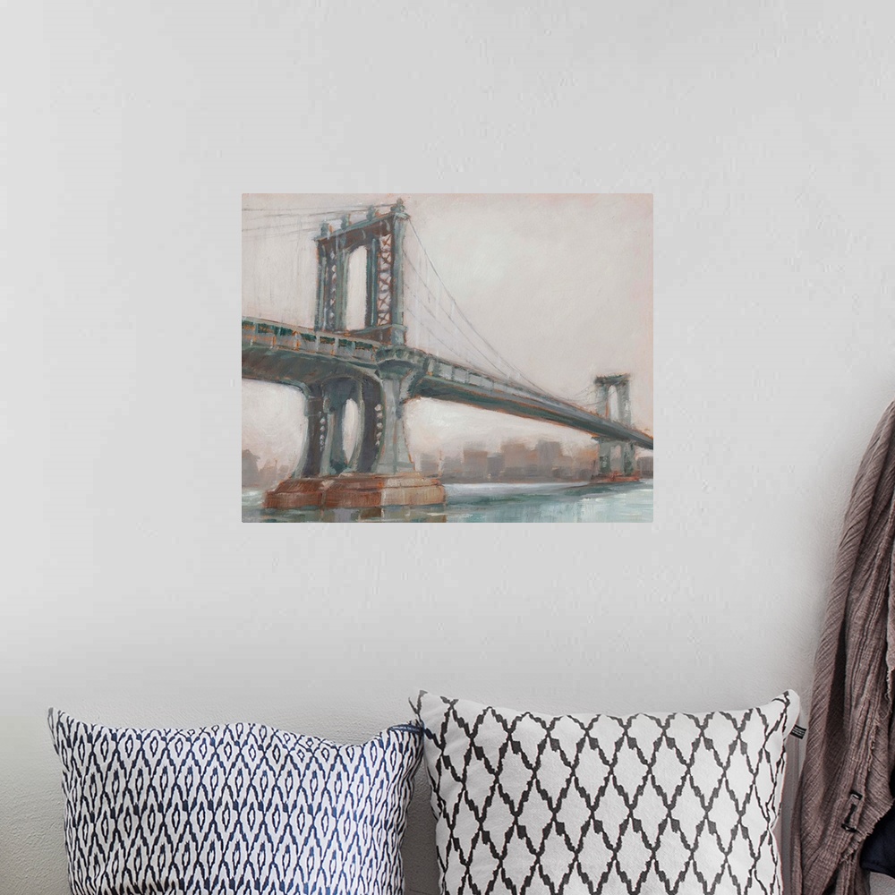 A bohemian room featuring A picturesque painting of Manhattan Bridge in New York, in subdue colors with the city in the bac...
