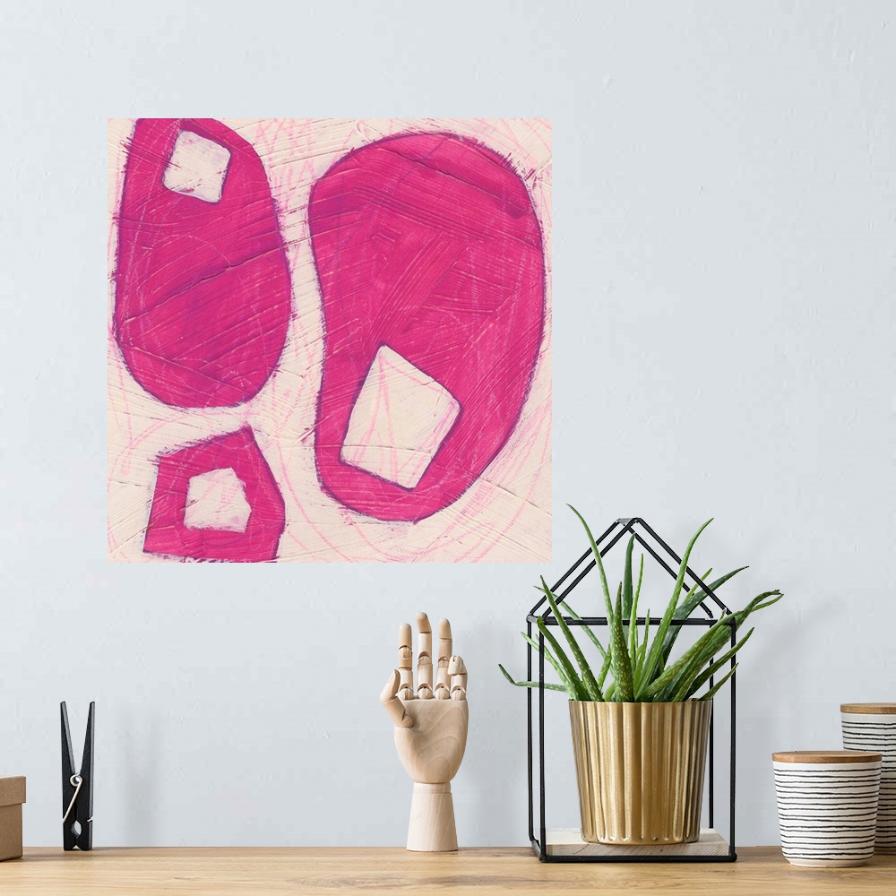 A bohemian room featuring Mid-century inspired painting of abstract shapes in vibrant colors.