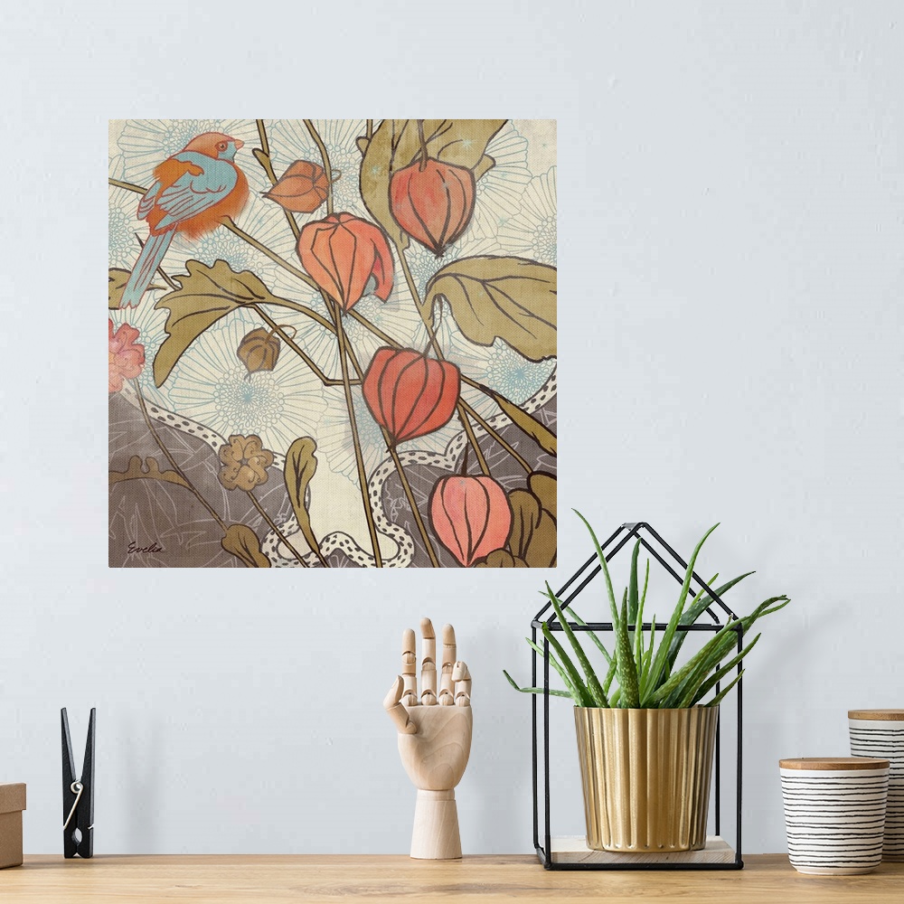 A bohemian room featuring Whimsical contemporary floral themed painting.