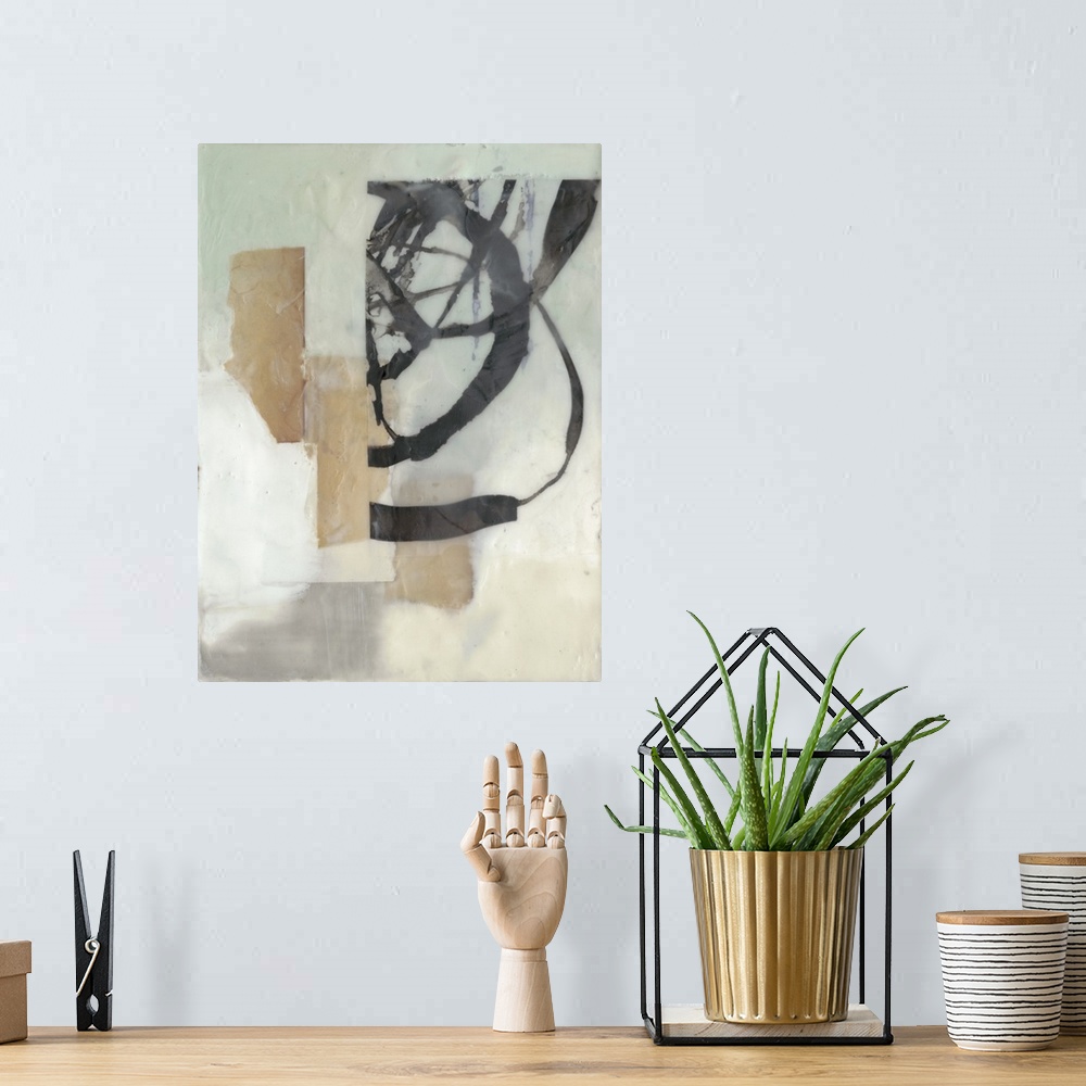 A bohemian room featuring A haze covers this abstract artwork completely with layers of black brush strokes underneath that...