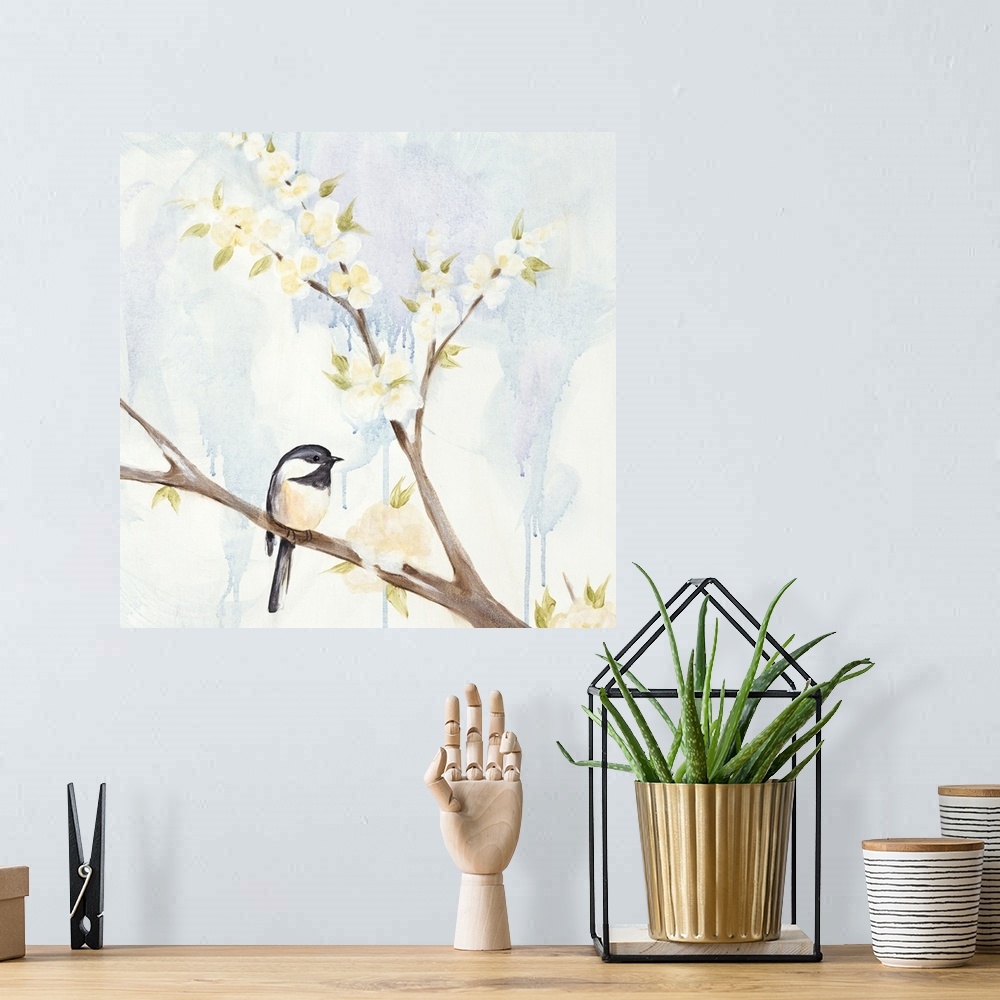 A bohemian room featuring Watercolor illustration of a chickadee perched on a flowering branch.