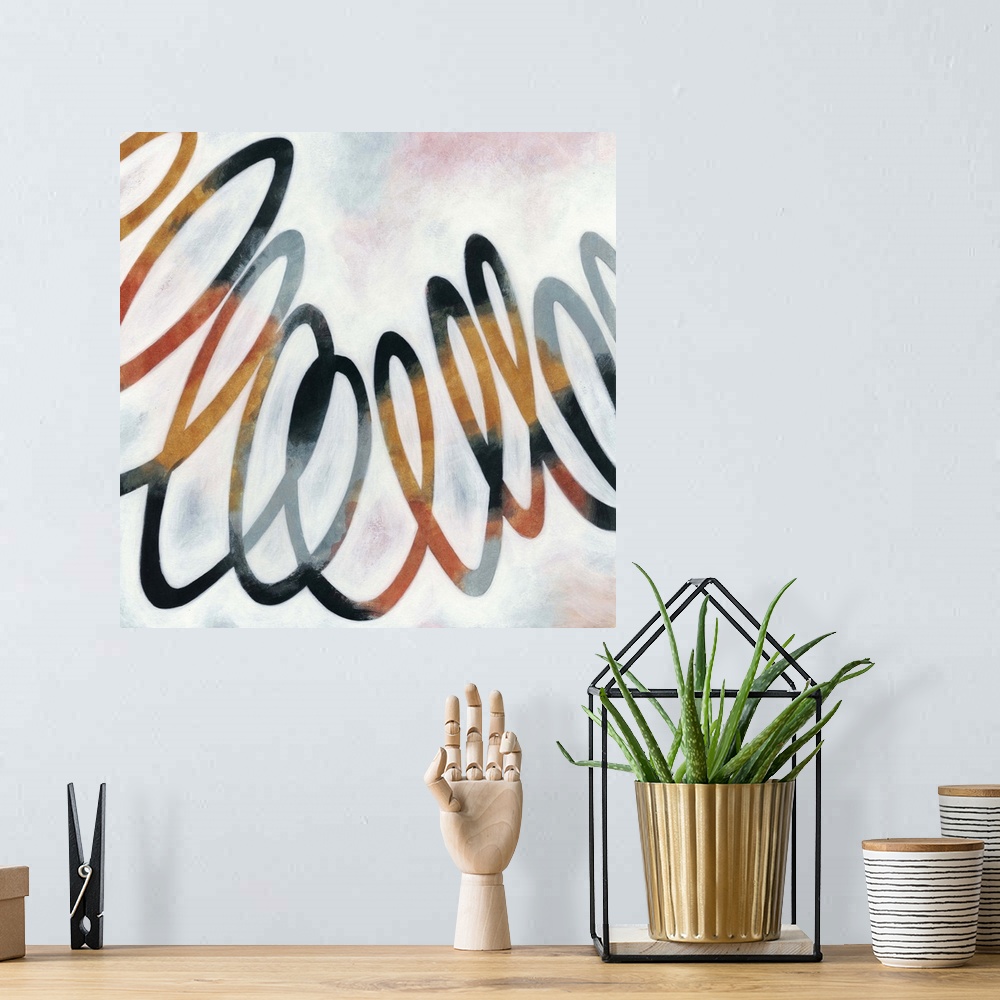 A bohemian room featuring Contemporary abstract painting of a squiggly line in orange and black against a neutral background.