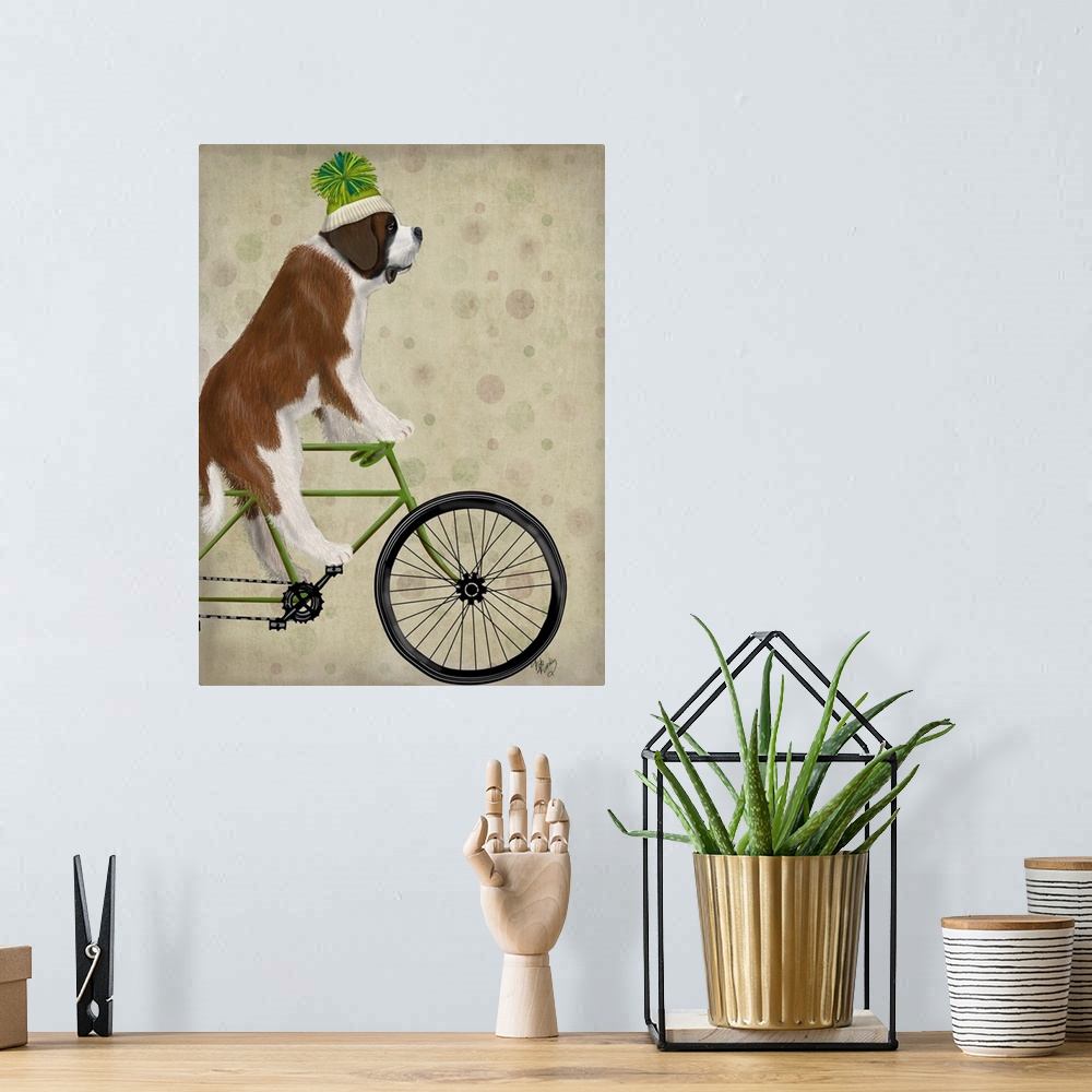 A bohemian room featuring Decorative artwork of a St. Bernard riding on a green bicycle and wearing a matching green Winter...