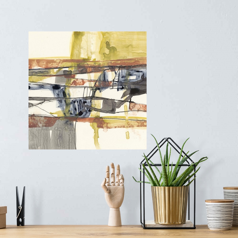 A bohemian room featuring Abstract painting of intersecting lines and shapes in greys, orange, and yellow.