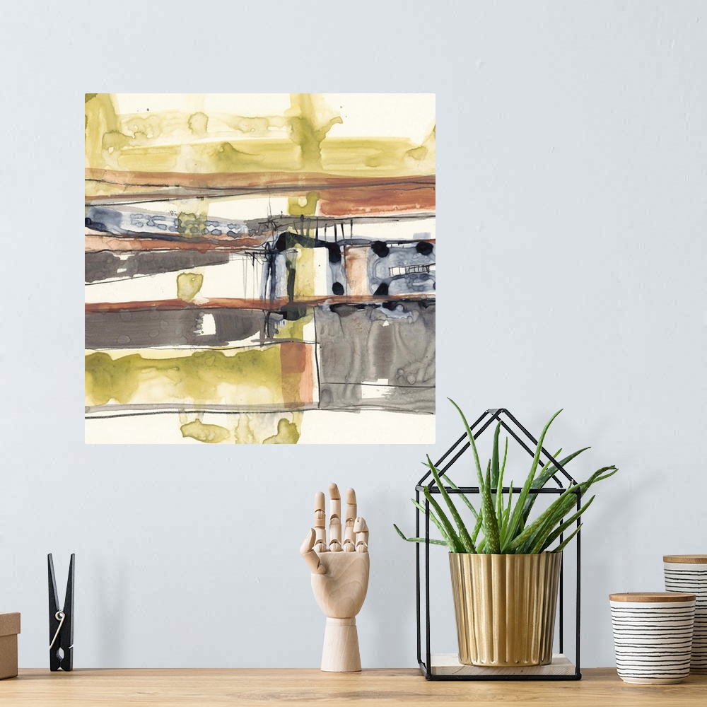 A bohemian room featuring Abstract painting of intersecting lines and shapes in greys, orange, and yellow.