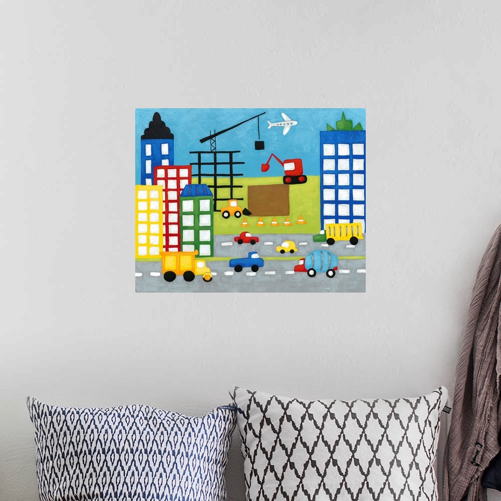A bohemian room featuring Colorful children's artwork of street with cars lined with tall buildings with crane and construc...