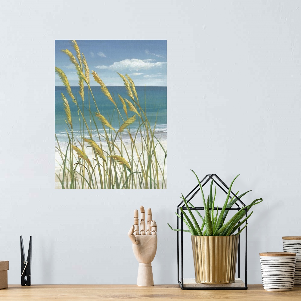 A bohemian room featuring Contemporary painting of beach grasses swaying in the wind.