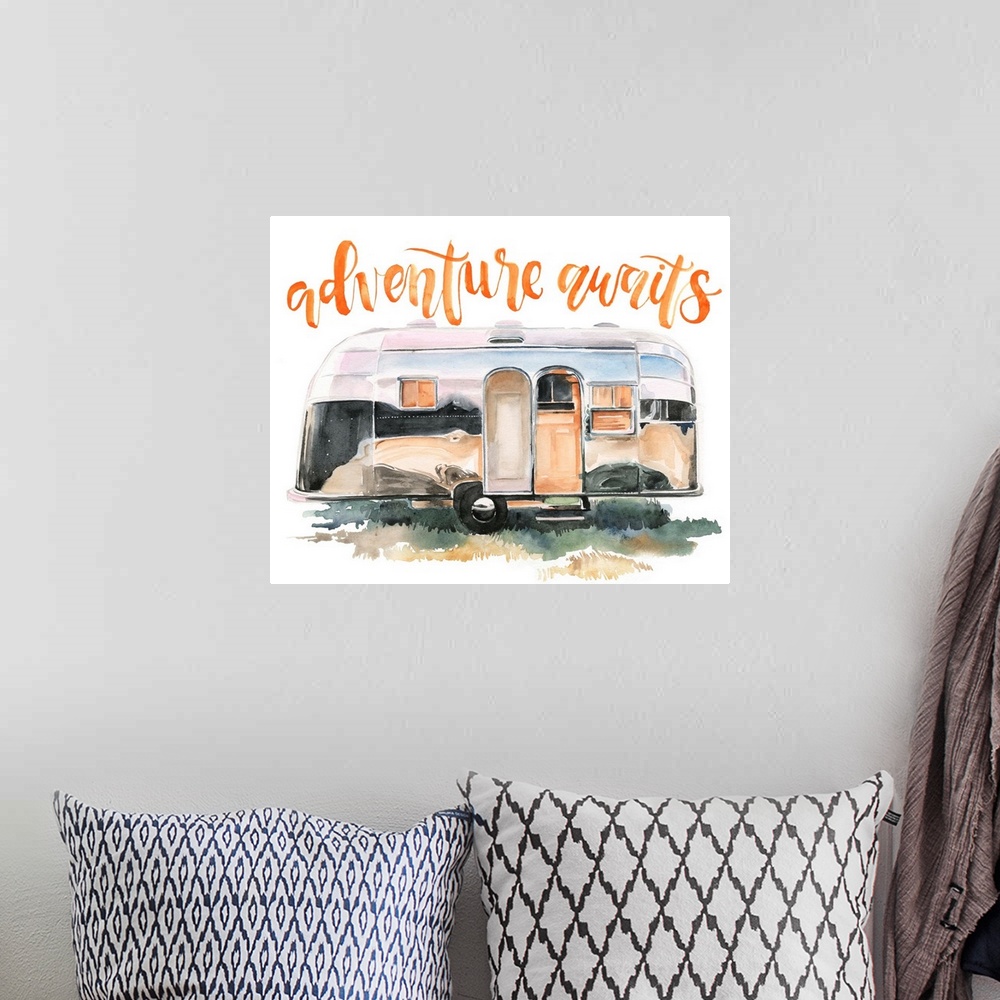 A bohemian room featuring Fun watercolor painting of a caravan with text "Adventure awaits."