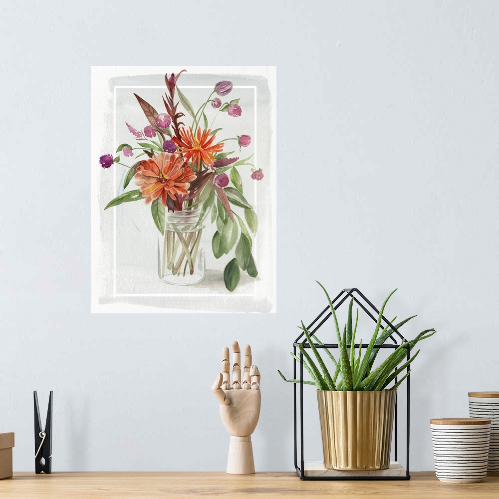 A bohemian room featuring Watercolor painting of a bouquet of summer flowers in a glass jar, with a thin white border.