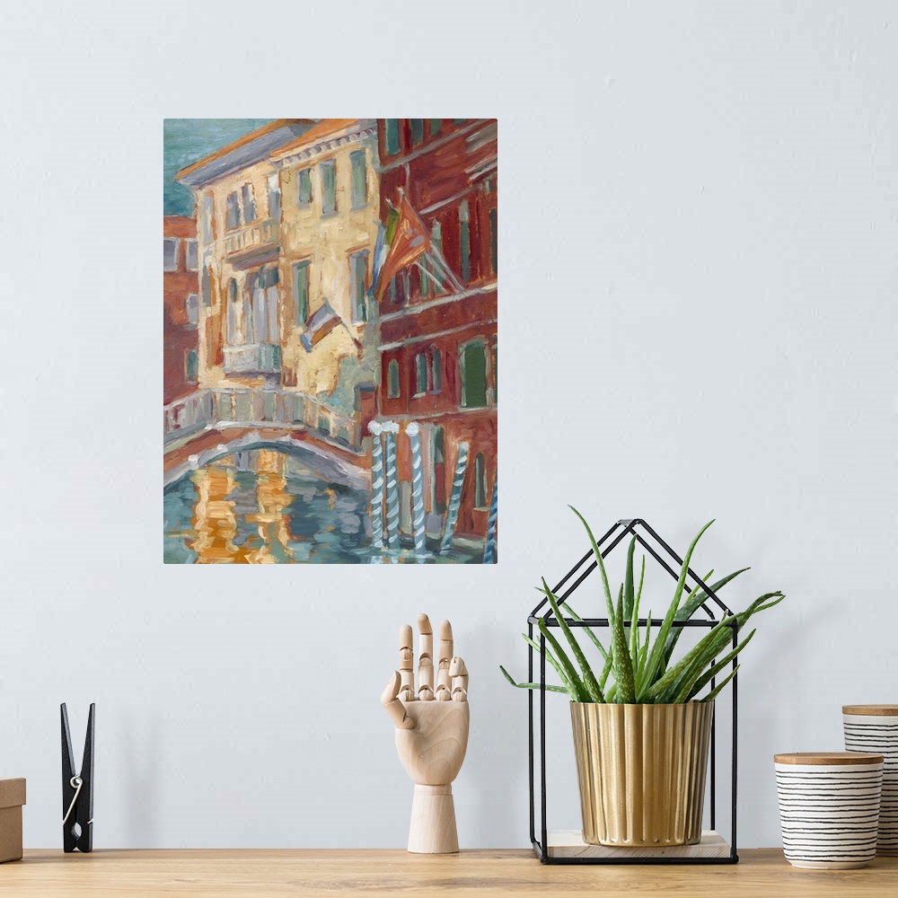A bohemian room featuring Contemporary painting of a bridge over a canal in Venice, Italy during sunset.