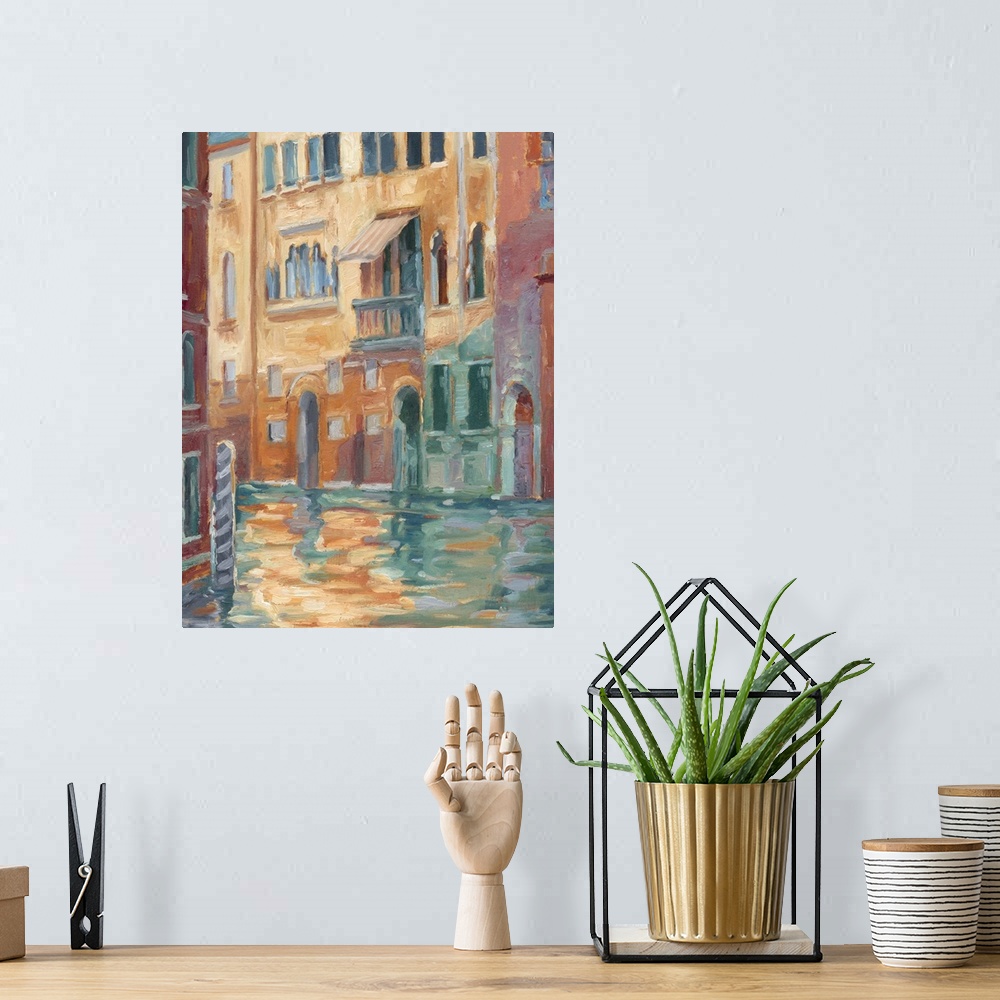 A bohemian room featuring Contemporary painting of a canal in Venice, Italy during sunset.