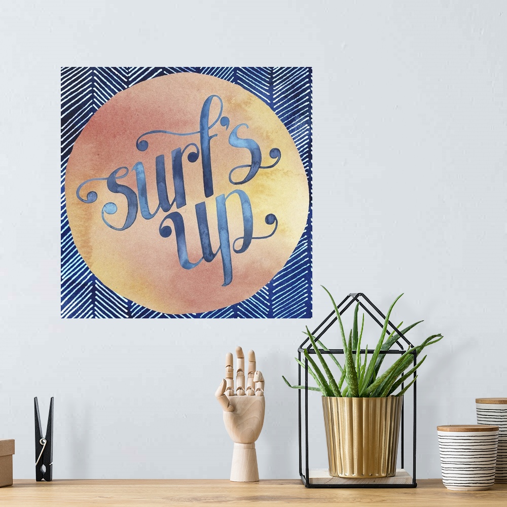 A bohemian room featuring Retro style watercolor sign reading "Surf's Up" in a peach-colored circle.