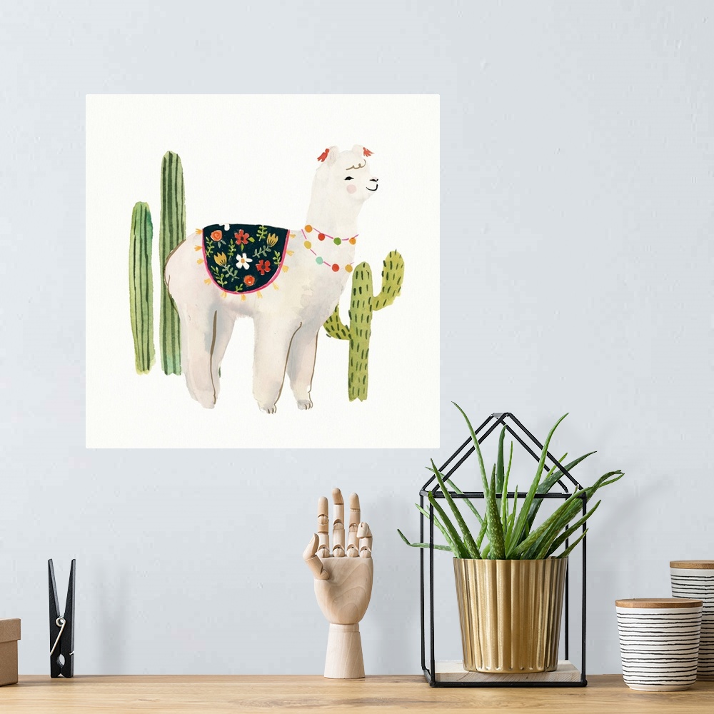 A bohemian room featuring Festive watercolor alpaca in a southwestern landscape with cacti in the background.