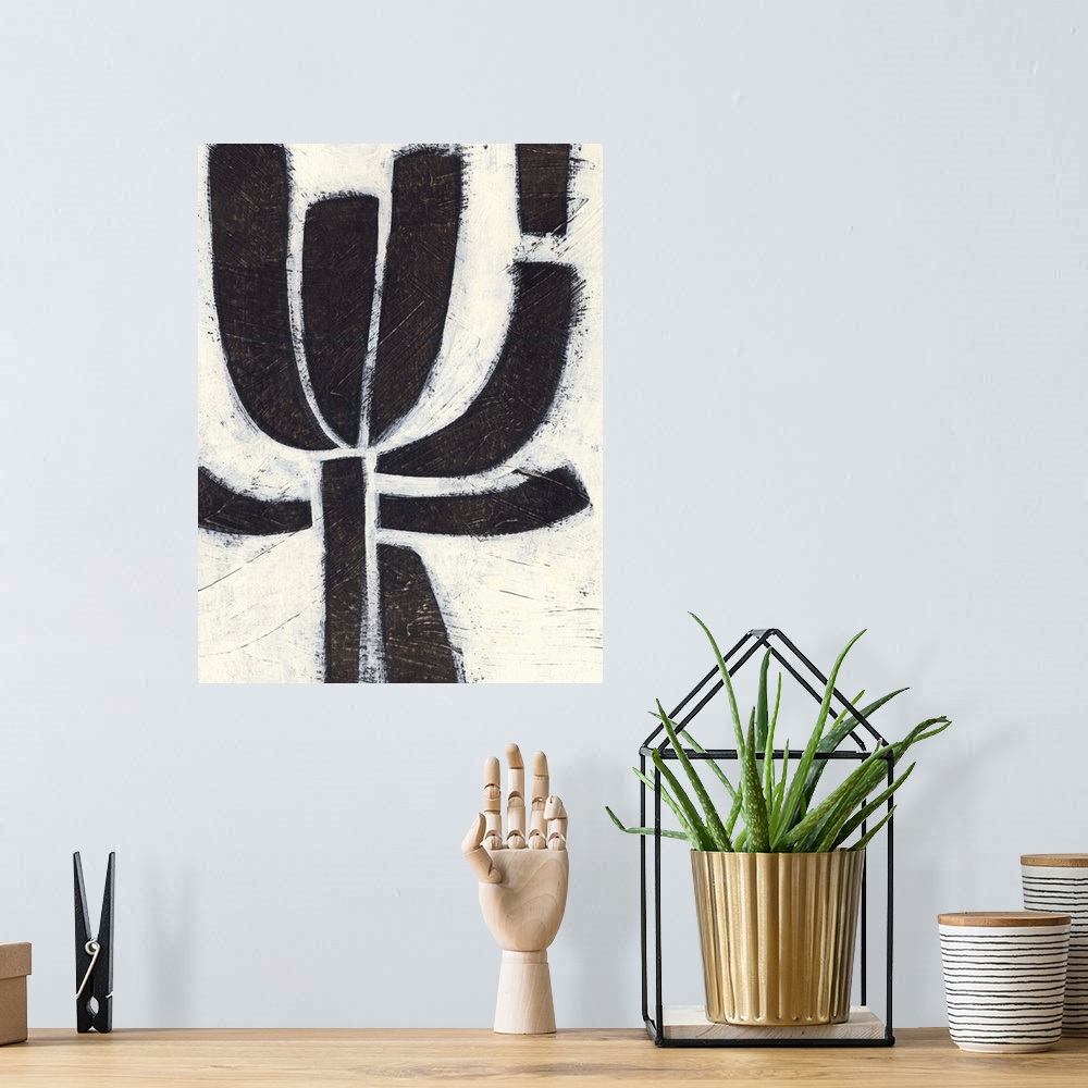 A bohemian room featuring Contemporary mid-century inspired abstract painting using bold black strokes against a weathered ...