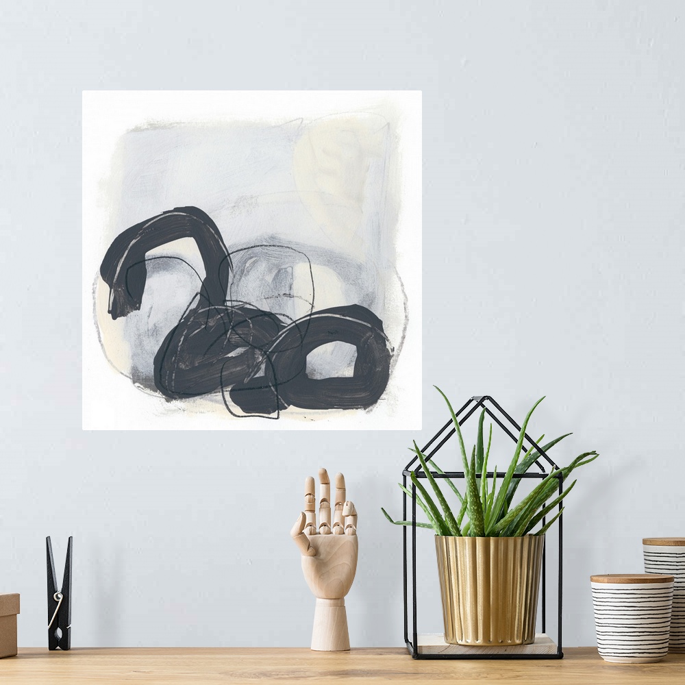 A bohemian room featuring Square abstract painting of thick black circles overlapping and fine scribble lines of gray and b...