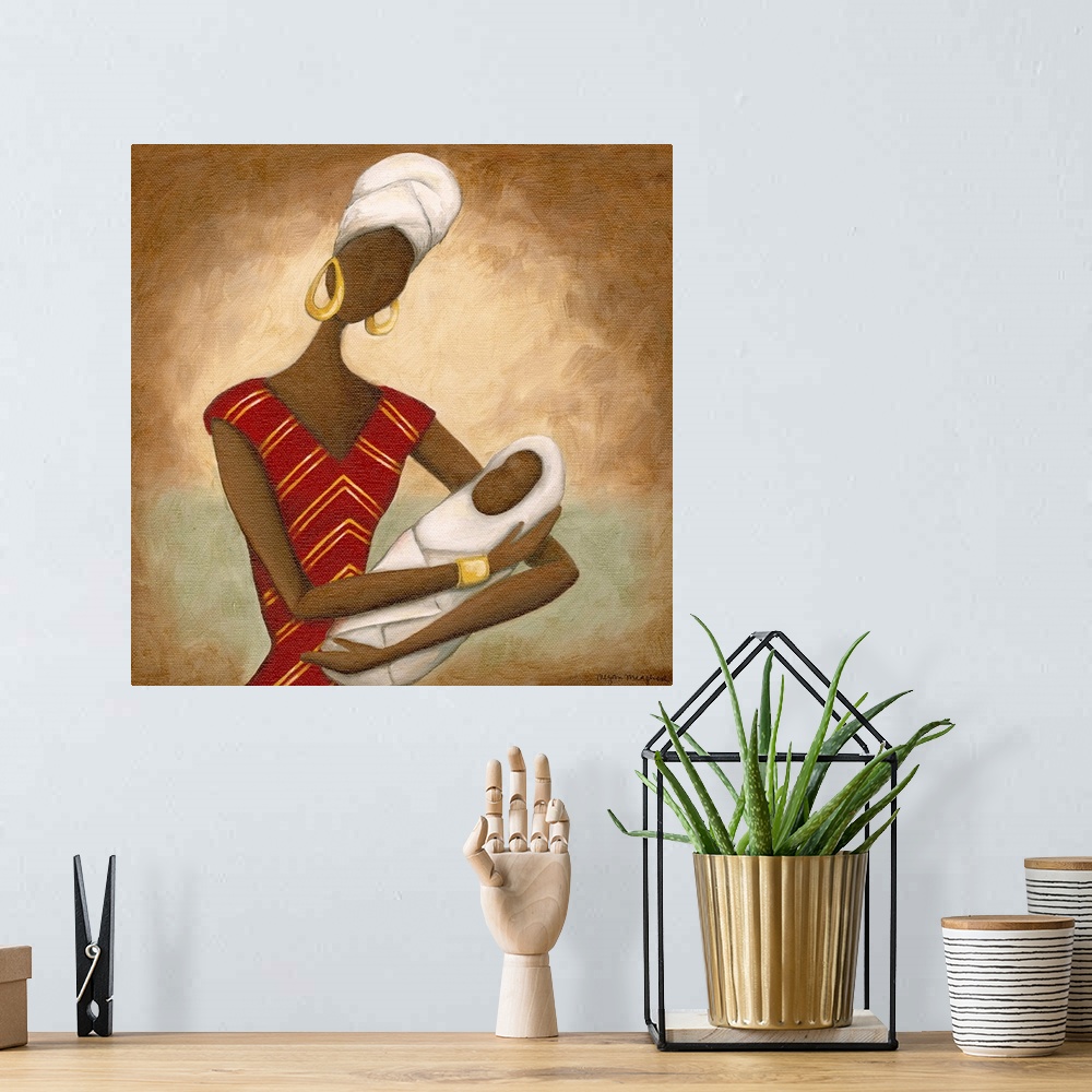 A bohemian room featuring The figure of an African woman is drawn holding her baby that is swaddled in a blanket so only th...