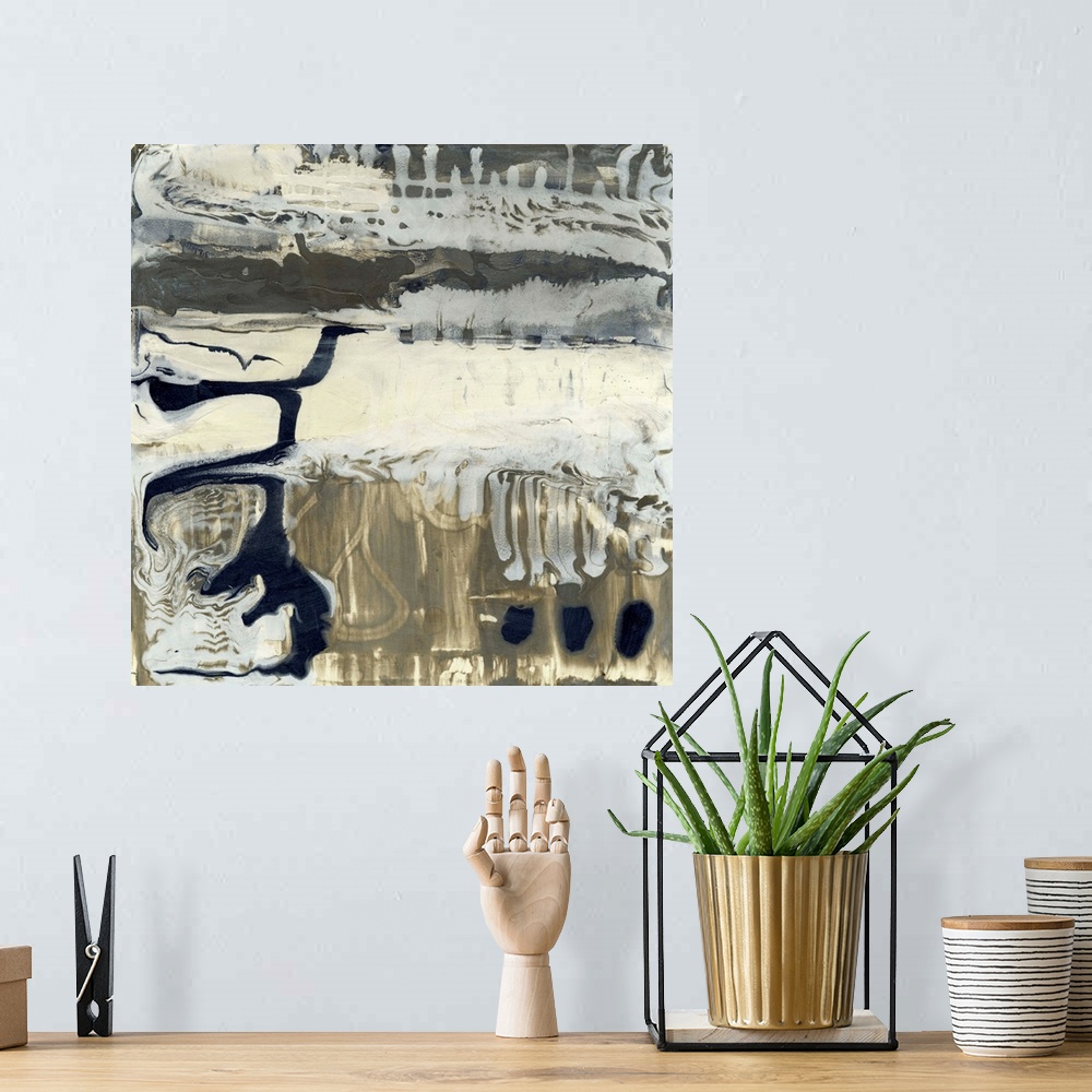A bohemian room featuring Contemporary abstract painting using muted neutral tones swirling around in a liquid state.