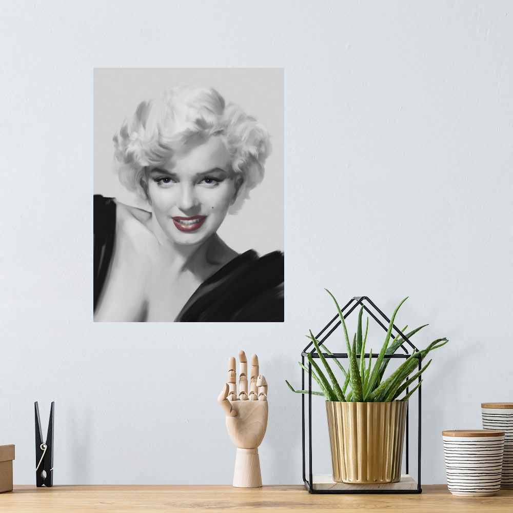 A bohemian room featuring Black and white image of Marilyn Monroe with tinted red lips.