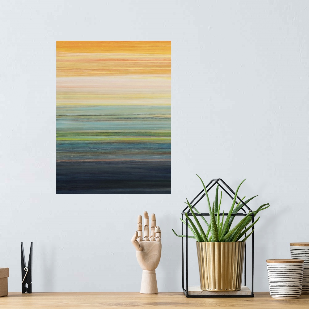 A bohemian room featuring Contemporary abstract painting of layered colors resembling a sunset.