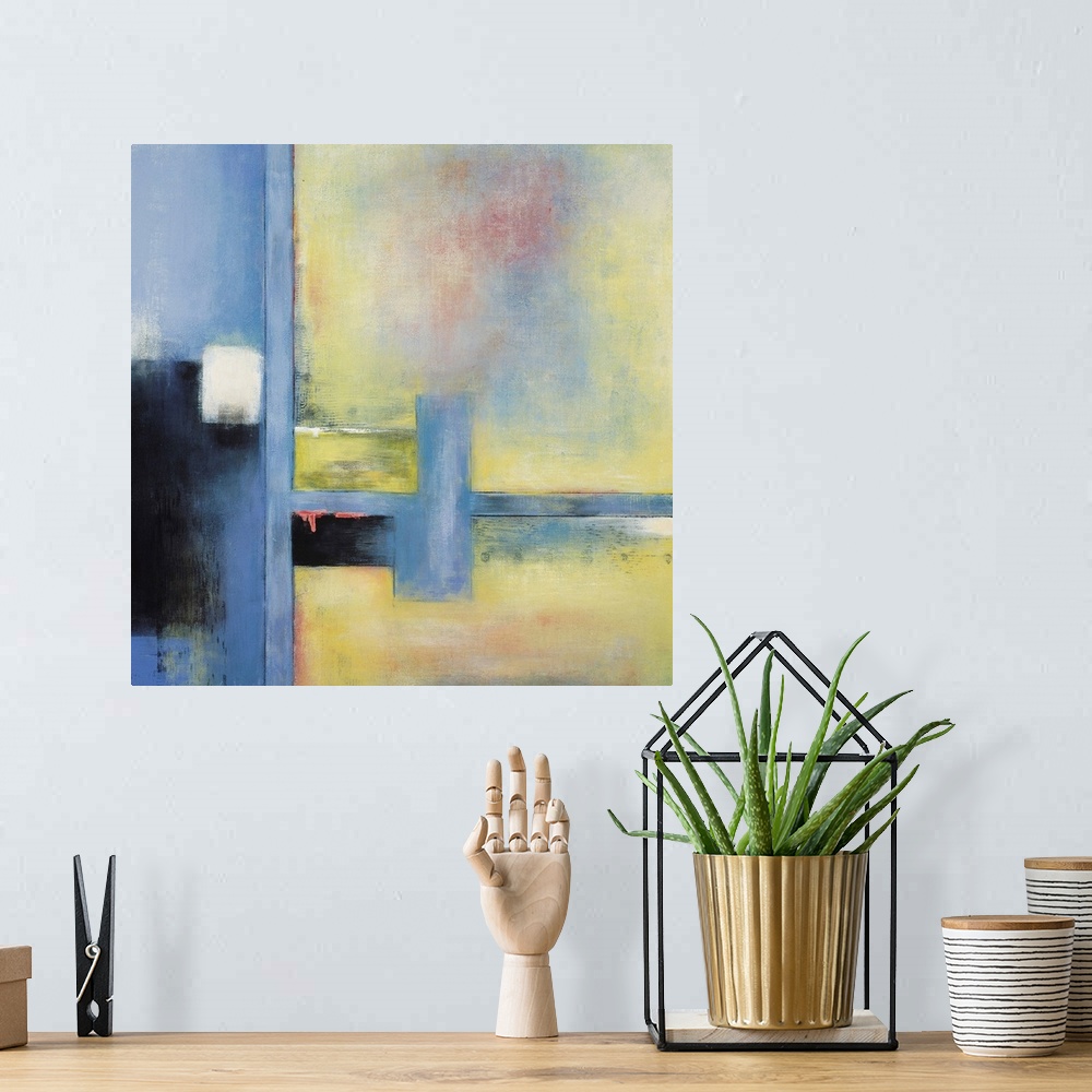A bohemian room featuring Contemporary abstract painting of geometric shape in pale colors.