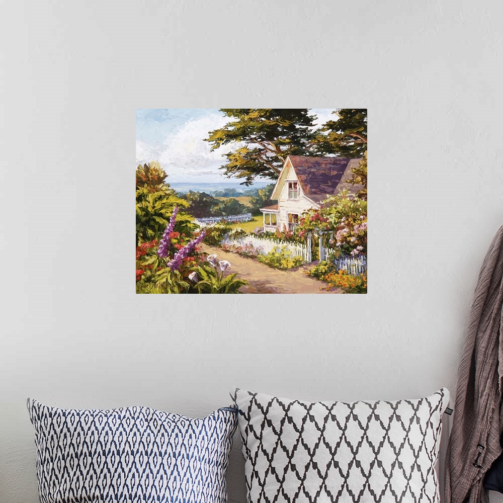 A bohemian room featuring Contemporary artwork of a country cottage.