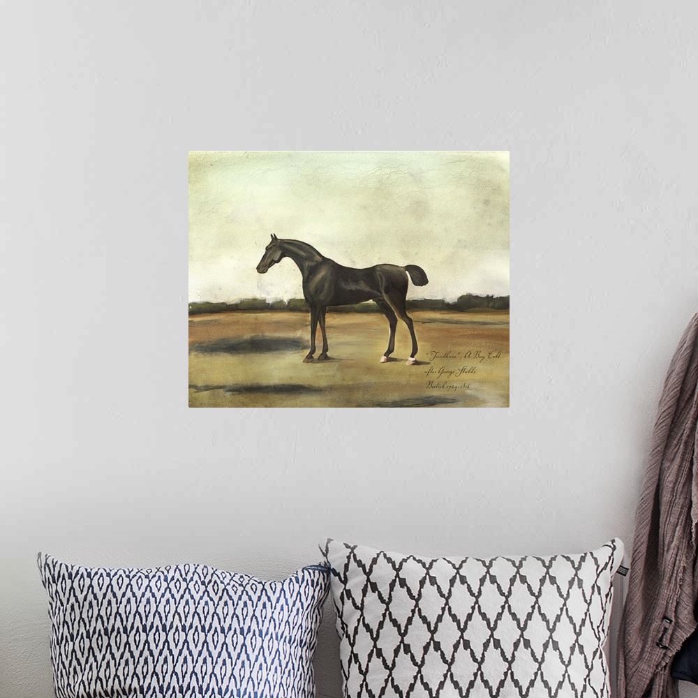 A bohemian room featuring Contemporary painting of a horse in a field, reminiscent of antique equestrian portraits.